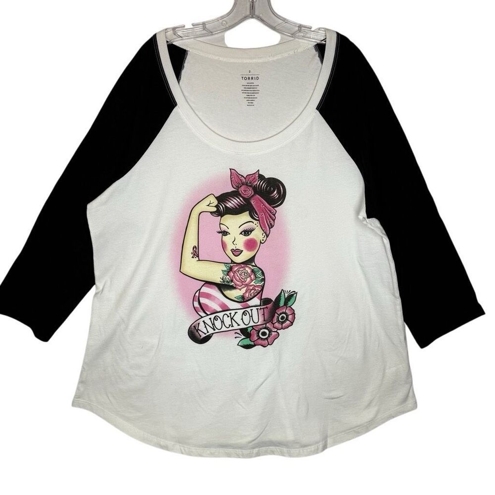 TORRID White Breast Cancer Awareness Classic Tee Plus Size 2 Raglan 3/4 Sleeve